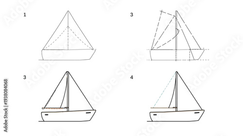 Step-by-Step Sailboat Drawing Tutorial, Educational Art Guide, Minimalist Design, Clean White Background, Beginner-Friendly Guide