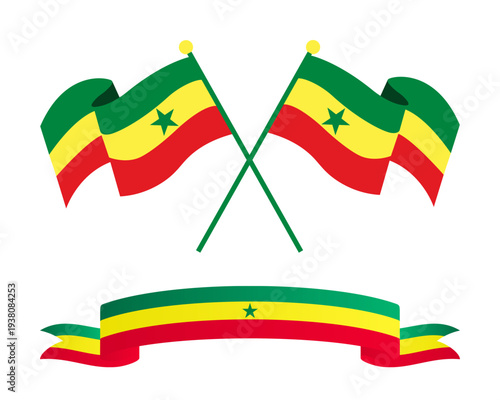 Waving Senegal flags and ribbon banner vector