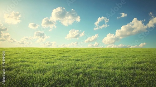 Vivid Green Meadow Under a Peaceful, Blue Sky Spreads Across a Vast Field on Open Land In Day time