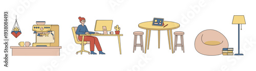 Flat Vector Home Office and Freelance Workspace Element Kit for Modern Remote Work Culture