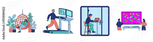 Flat Vector Modern Hybrid Workspace Illustration Set for Agile Corporate Office Culture