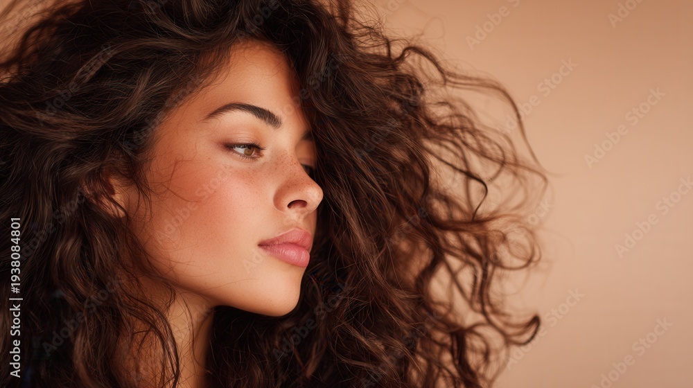 Naklejka premium Fashion beauty profile portrait of a brunette woman with flying curls on a solid pastel pink background.