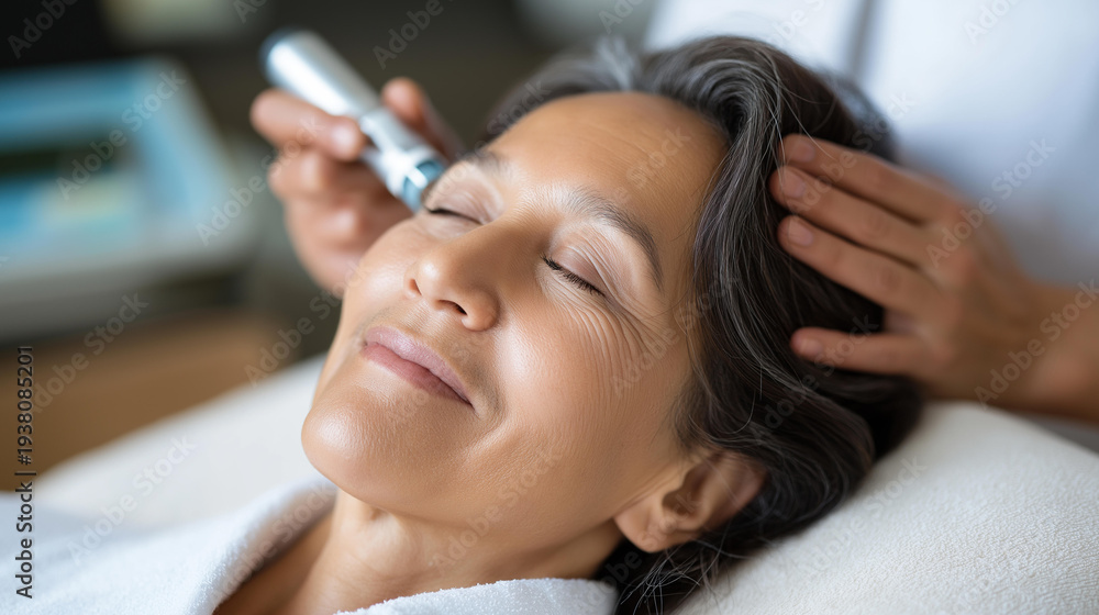 Naklejka premium Professional microneedling facial treatment being applied to a mature woman's forehead at a dermatology clinic for anti-aging and skin rejuvenation, defocused background, with