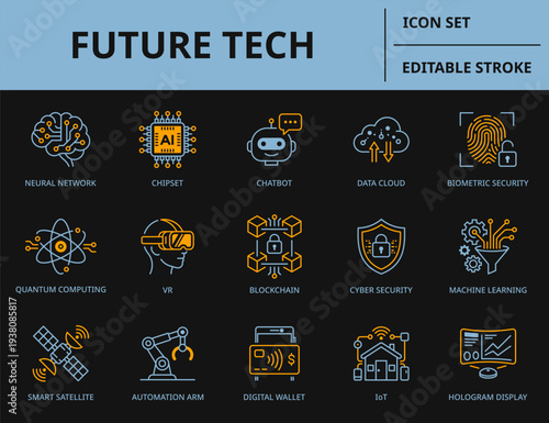 Future technology vector icon set. Editable stroke outline icons of AI, VR, blockchain, IoT, and machine learning for UI design.
