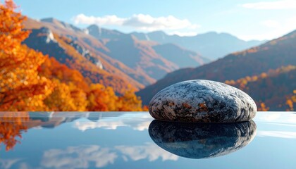 Serene autumn mountain landscape with reflective water and a prominent stone.