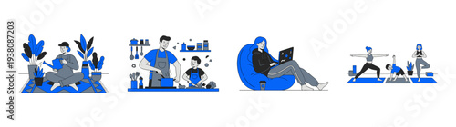 Minimalist Blue Flat Vector Lifestyle Character Illustration Set for Modern Wellness and Productivity