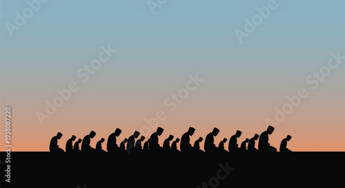 Silhouette of people kneeling and praying at sunset vector