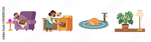 Flat Vector Cozy Home Life Graphic Set for Domestic Lifestyle and Interior Decor Illustration