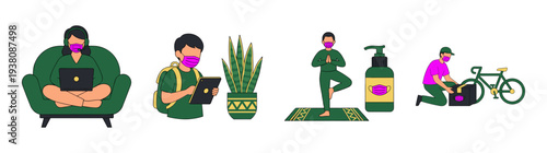 Flat Vector Remote Lifestyle and Pandemic Safety Element Kit for Modern Healthcare and Telecommuting Themes