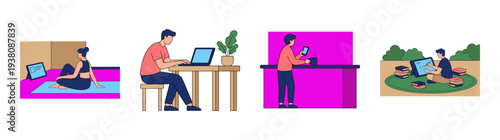 Flat Vector Remote Lifestyle Illustration Graphic Set for Freelance and Wellness Commercial Theme
