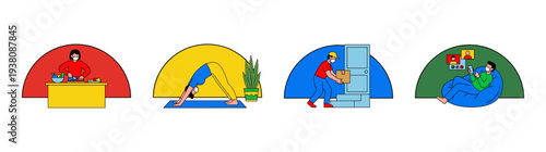 Flat Vector Quarantine Lifestyle Illustration Set for Healthy Living and Contactless Services Concept