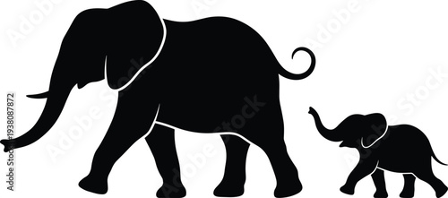 Elephant and baby elephant silhouettes walking together, wildlife family bond vector illustration isolated on white background, animal parenting concept design