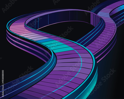 Abstract labyrinth structure made of glass tubes with neon gradient, isolated on black background. Puzzle maze with holographic effect. Digital 3D illustration 