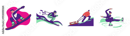 Flat Vector Winter Sports Character Illustration Asset Sheet for Seasonal Outdoor Activity Graphics
