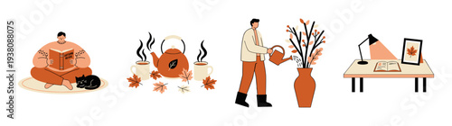 Flat Vector Autumn Hygge Lifestyle Graphic Element Set for Cozy Seasonal Home Decor and Wellness Design