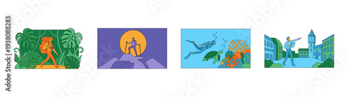 Flat Line Art Adventure and Travel Scene Graphic Set for Tourism and Outdoor Exploration