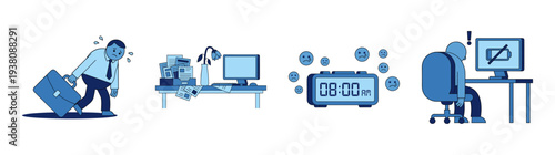 Flat Vector Burnout and Stress Character Icon Kit for Mental Health Awareness and Corporate Wellness