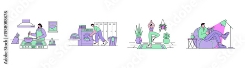 Flat Vector Lifestyle Activities Illustration Set for Wellness and Daily Routine Storytelling