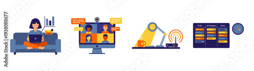 Flat Vector Remote Work and Productivity Graphic Set for Home Office and Telecommuting Concepts