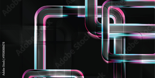 Abstract labyrinth structure made of glass tubes with neon gradient, isolated on black background. Puzzle maze with holographic effect. Digital 3D illustration 