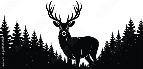 Majestic deer stag in pine forest silhouette, wildlife antlered mammal nature landscape vector illustration isolated on light background