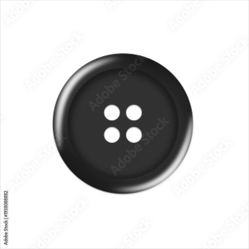 Halftone monochrome illustration of a classic four-hole sewing button. Round garment fastener isolated on light background, minimal retro textile concept for tailoring, fashion, craft and clothing des