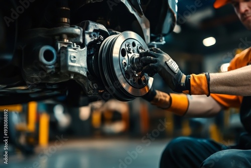 Mechanic Working on Car Brake System in Auto Repair Shop