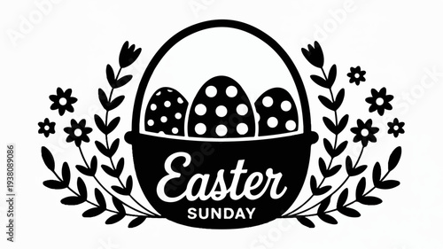 Easter sunday eggs in basket with floral decorations holiday symbol black and white illustration