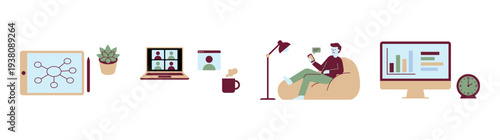 Flat Vector Remote Working Illustration Asset Sheet for Modern Home Office and Digital Collaboration Design