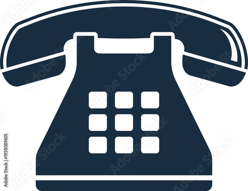 Dark blue classic desk telephone icon vector illustration, retro office phone silhouette with keypad handset cord for contact customer service UI designs