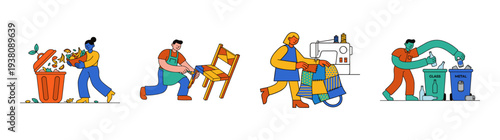 Flat Vector Sustainable Living and Circular Economy Character Illustration Set for Eco-Friendly Lifestyle Graphics