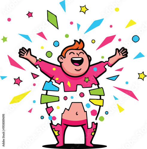 Overjoyed Character Exploding Into Colorful Confetti Pieces