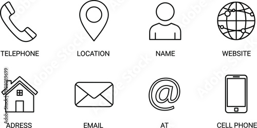 Contact information icon set vector illustration, black outline telephone location name website address email @ cell phone with labels for business card UI designs