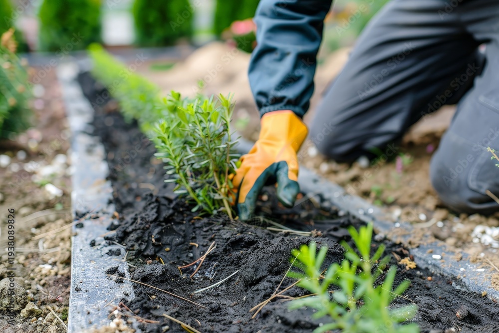 Fototapeta premium Gardening Expert Planting New Shrubs with Care in Fresh Soil Bed
