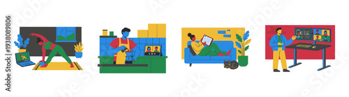 Flat Vector Remote Lifestyle Illustration Graphic Set for Modern Work From Home Wellness