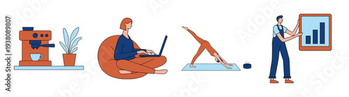 Flat Vector Remote Work and Wellness Illustration Element Kit for Modern Lifestyle and Productivity Themes