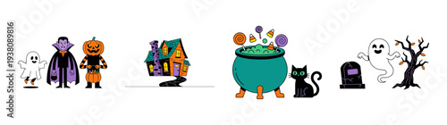 Flat Vector Halloween Trick or Treat Character Illustration Element Kit for Spooky October Event Graphics