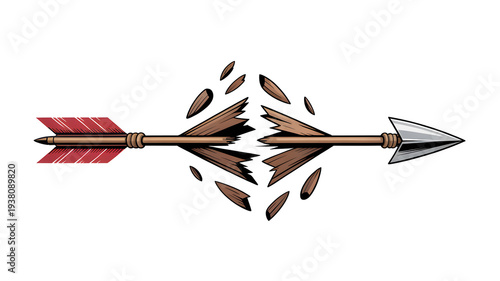 A broken wooden arrow with red fletching and sharp silver arrowhead snapping in half with wood splinters in illustration style.