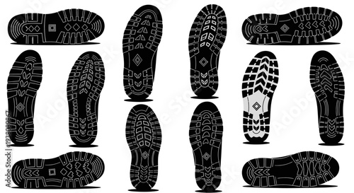Collection of Black Shoe Soles Silhouettes with Diverse Tread Patterns on White