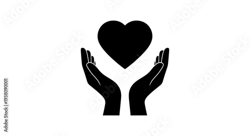 Black Silhouette of Hands Gently Holding a Heart Shape Above White Background