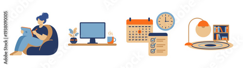 Flat Vector Productivity and Remote Work Element Kit for Home Office Management