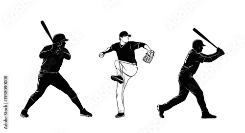 Baseball Players Silhouettes in Action: Pitching, Batting and Swinging
