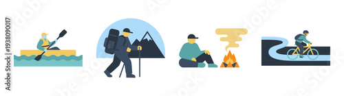Flat Vector Outdoor Adventure Activity Icon Set for Wilderness Recreation and Camping Lifestyle Graphics