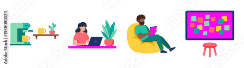 Flat Vector Remote Work Lifestyle Graphic Set for Freelance and Modern Office Digital Marketing