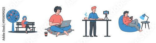 Flat Vector Remote Work and Digital Content Creation Character Illustration Set for Modern Lifestyle