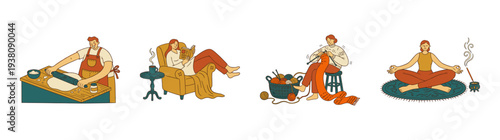 Flat Vector Cozy Hobbies and Mindfulness Character Graphic Set for Lifestyle Wellness Content