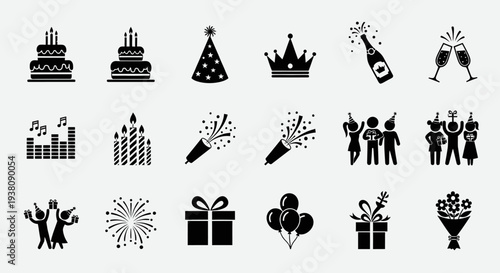 Celebration Icons Set: Birthday Party, Gifts, Fireworks, Champagne, and Festive Symbols