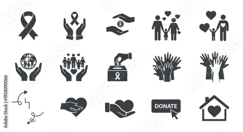 Charity and Donation Icons: Heart, Hands, Family, Ribbon, Globe, and More