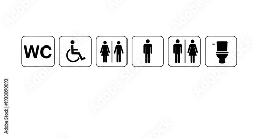 Collection of Bathroom Signs: WC, Accessible, Unisex, Men, Women, and Toilet Icons