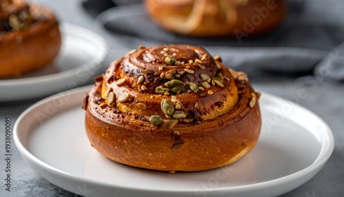 Sweet, swirled pastry topped with seeds sits on a white plate against a gray background